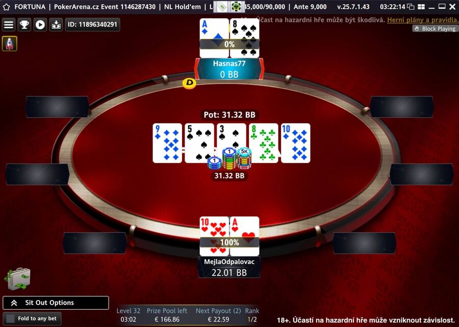 Poslední odehraná handa PokerArena Eventu