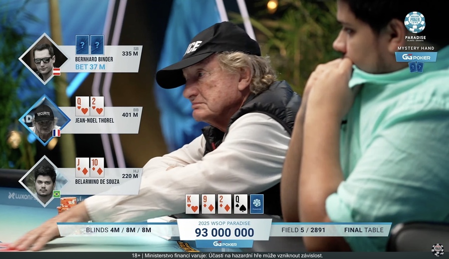 Jean-Noel Thorel zahodil ve finále WSOP Paradise Main Eventu dva páry, zkompletoval by pak vítězný full house