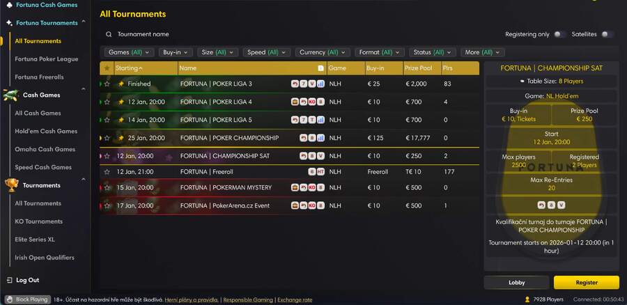 Lobby herny Fortuna Poker