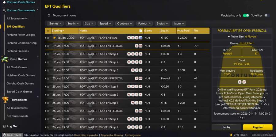 Lobby Fortuna pokerové herny – EPT kvalifikace