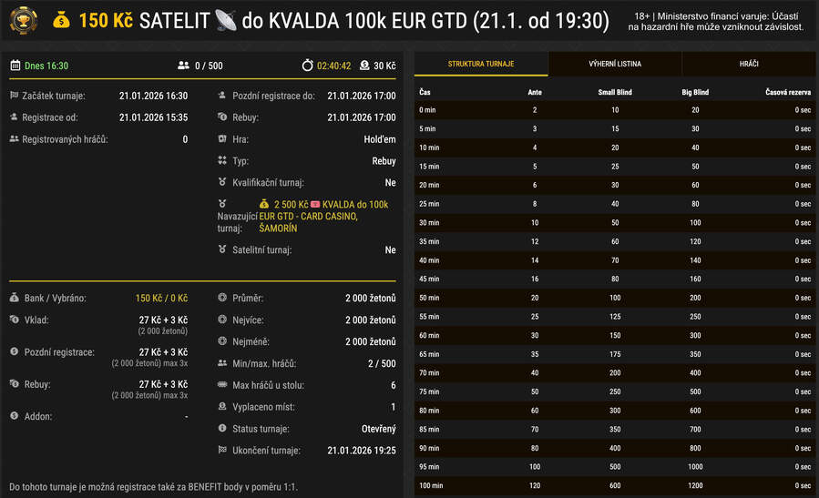 Lobby satelitu na herně Synot Tip Poker