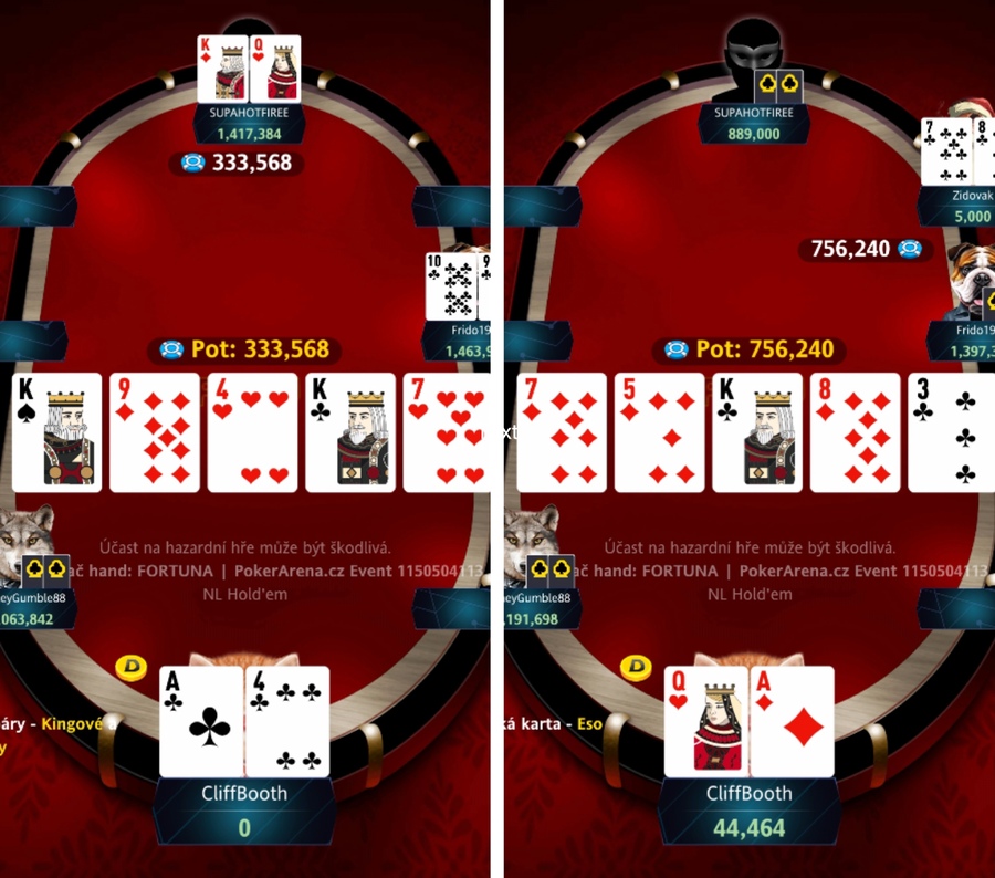 Poslední dvě handy (CliffBooth) v&nbsp;PokerArena.cz Eventu na Fortuně