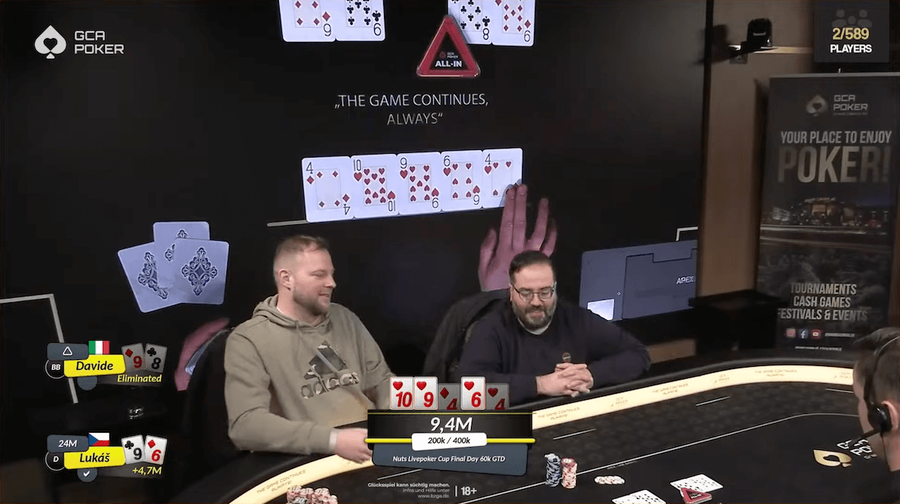 Závěrečná handa Nuts Livepoker Cupu, po které mohl v&nbsp;GCA slavit Lukáš Rychetský