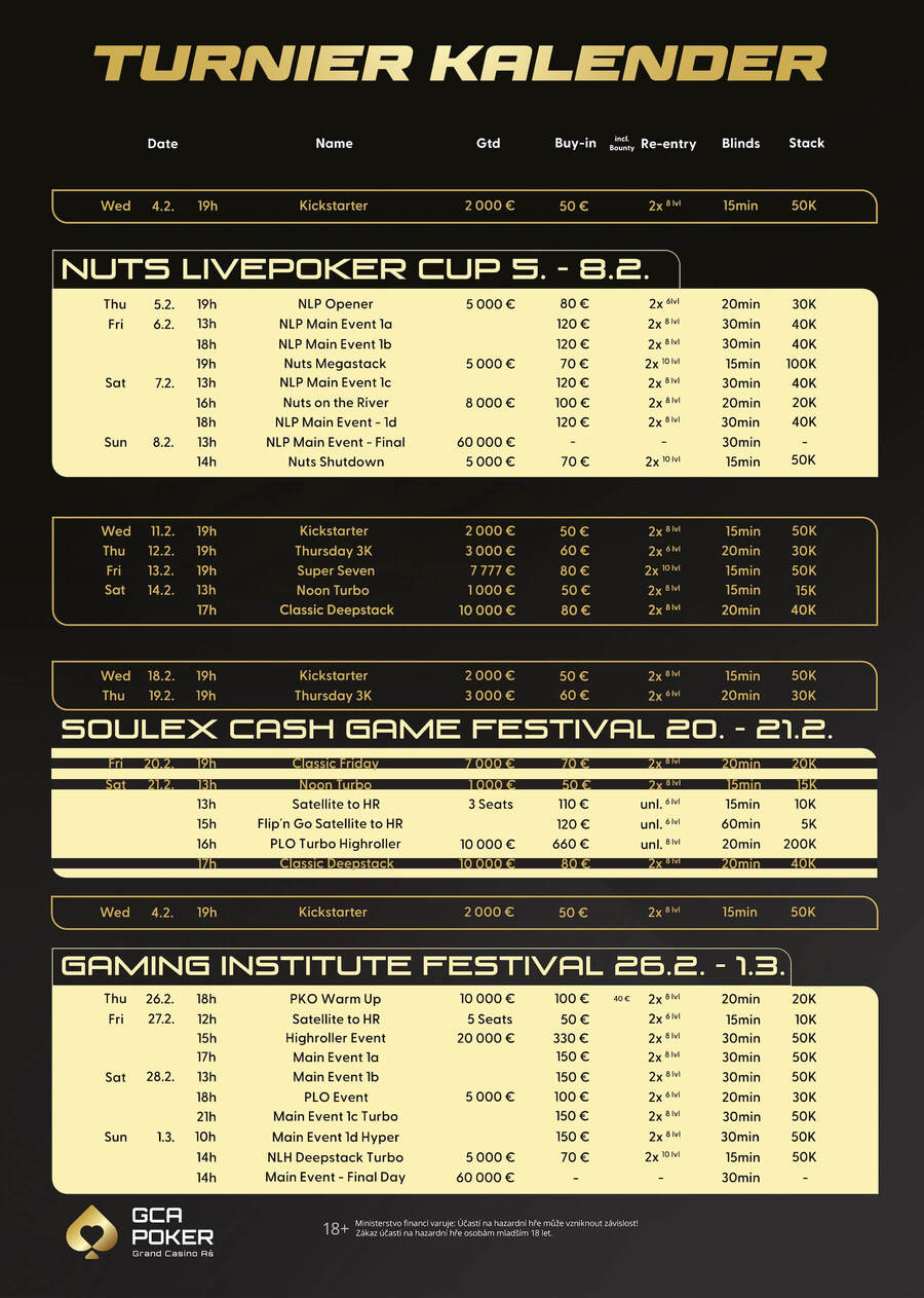 Únorový program pokerových turnajů Grand Casina Aš