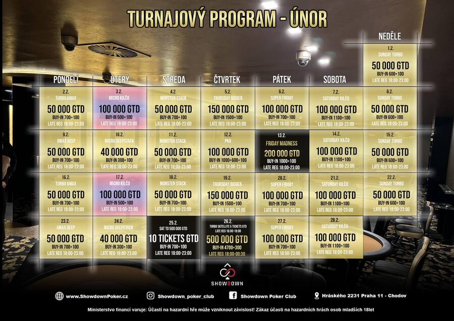 Showdown Poker Club – program turnajů v&nbsp;únoru