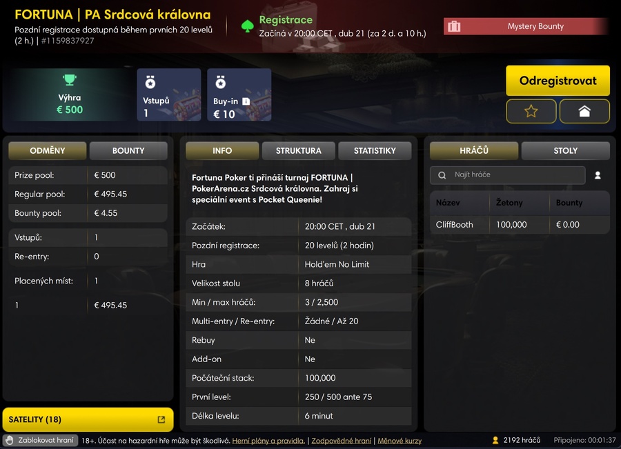 Lobby turnaje FORTUNA | PA Srdcová královna