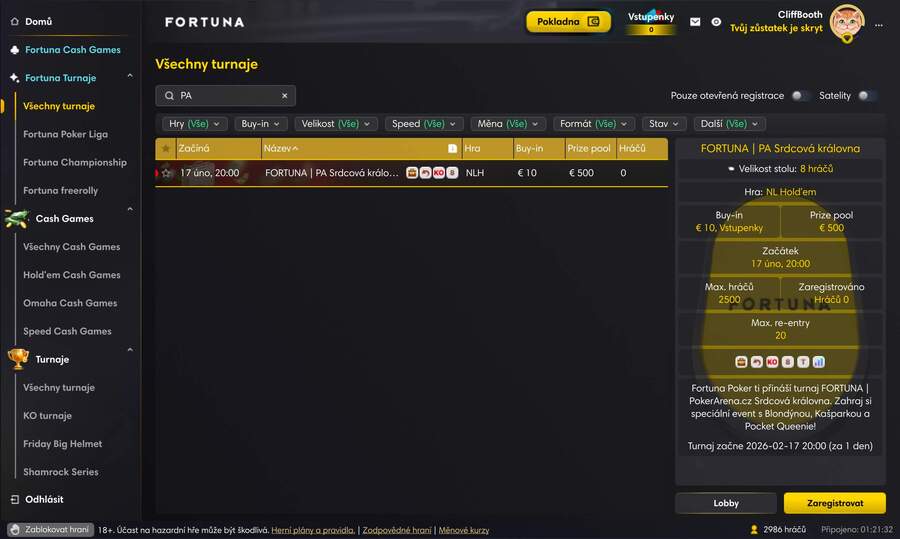 PA Srdcová královna online turnaj v&nbsp;lobby herny Fortuna Poker
