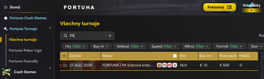 PA Srdcová královna online turnaj v&nbsp;lobby herny Fortuna Poker