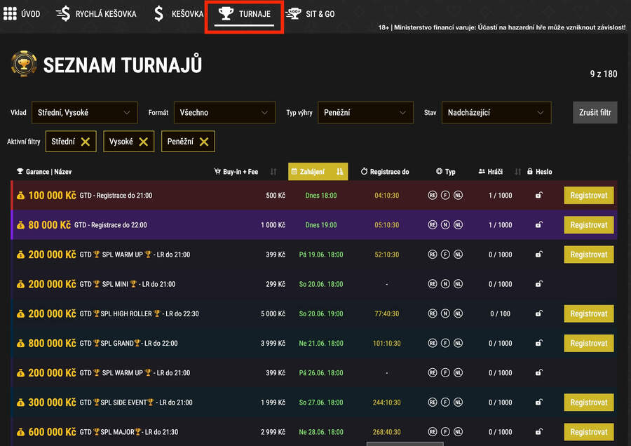 Lobby herny Synot Tip Poker
