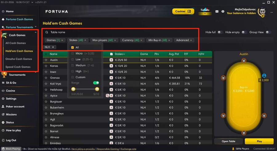 Fortuna cash game lobby