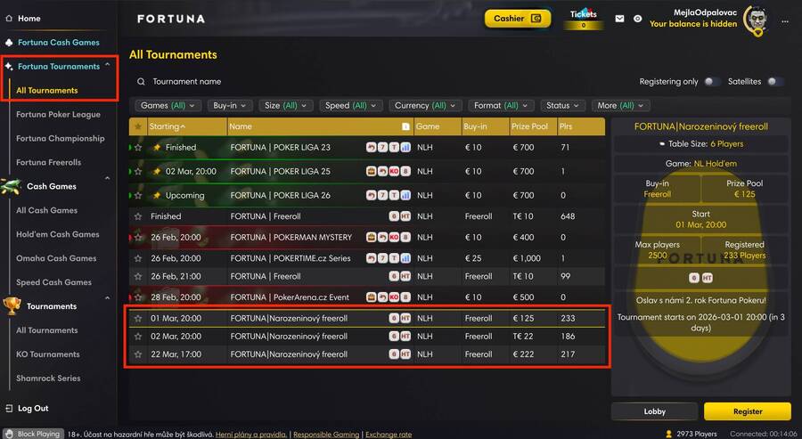 Hrajte narozeninové freerolly na Fortuně