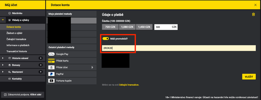 Vklad na Fortunu s&nbsp;promo kódem