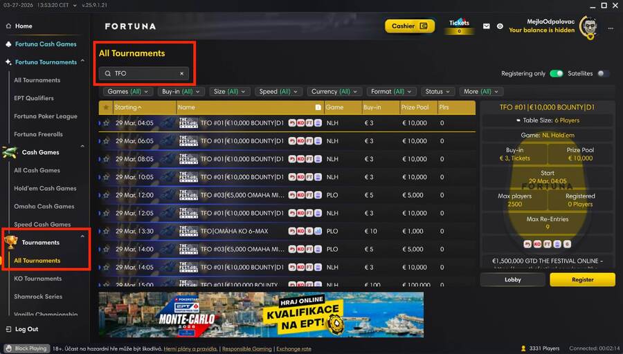 Lobby herny Fortuna Poker