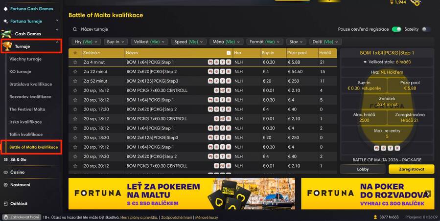 Lobby kvalifikačních turnajů na Battle of Malta