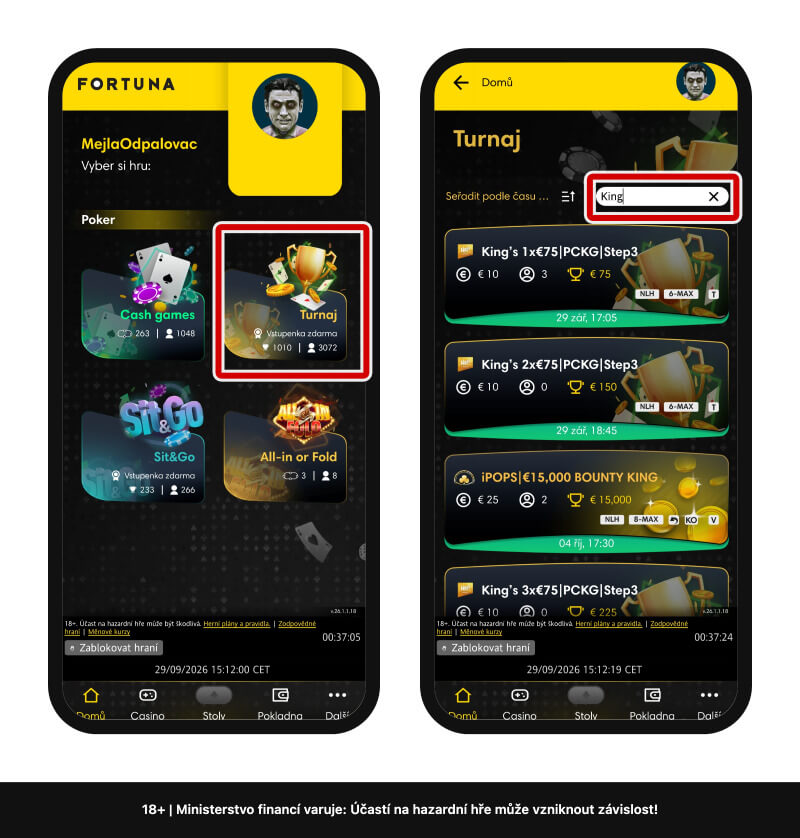Vyhledání kvalifikačních turnajů v&nbsp;mobilní aplikaci a&nbsp;na webu Fortuna Poker