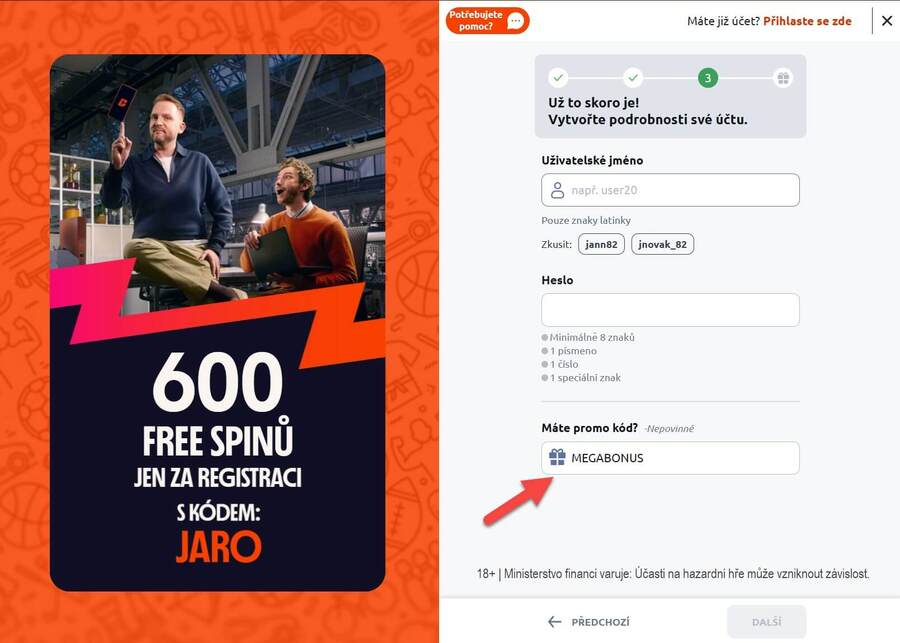 Zde se zadává Betano promo kód