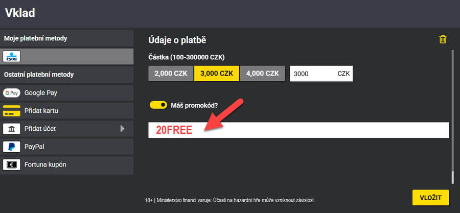 Fortuna promo kód 20FREE pro stávající hráče na free spiny