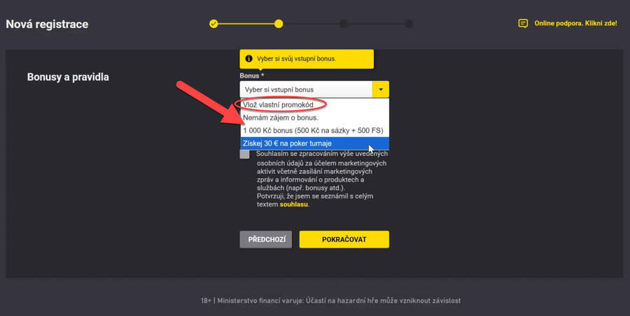 Výběr promo kódů u&nbsp;Fortuny během registrace