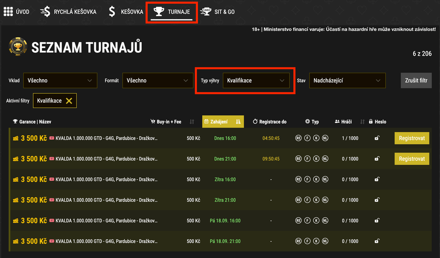 Filtr v&nbsp;lobby herny Synot Tip Poker – kvalifikační turnaje