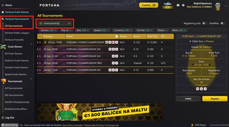 Lobby Fortuna Poker herny