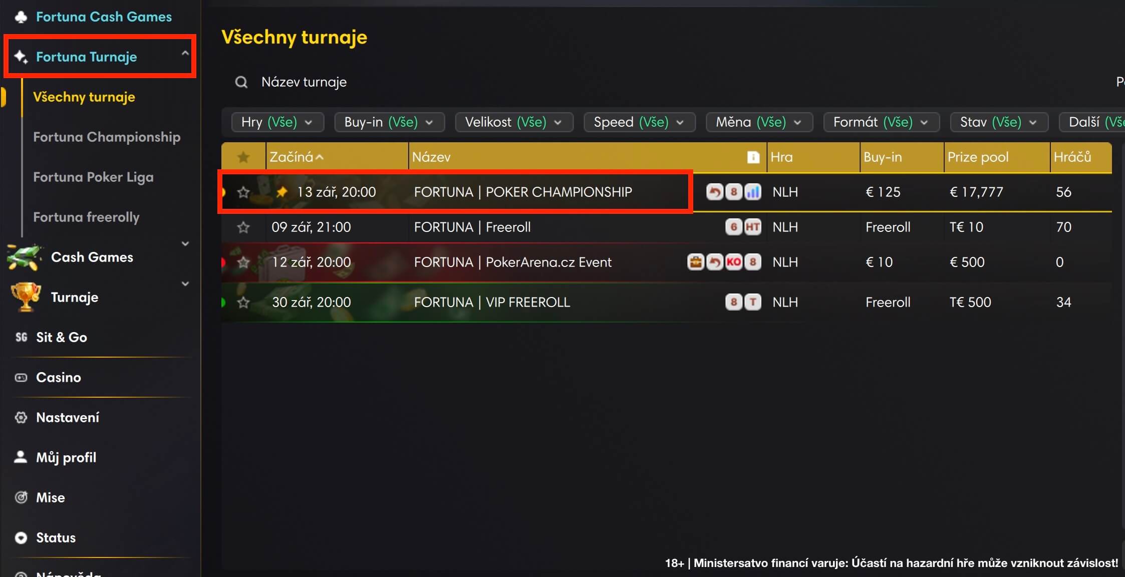 Lobby herny Fortuna Poker