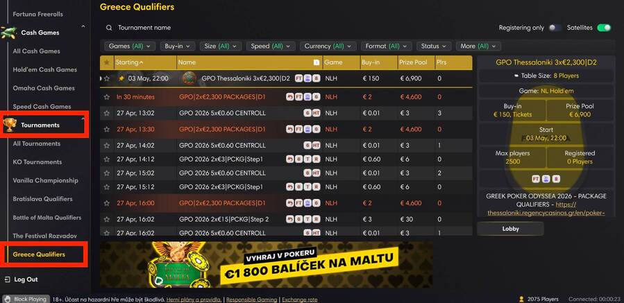 Lobby Fortuna pokerové herny – GPO kvalifikace