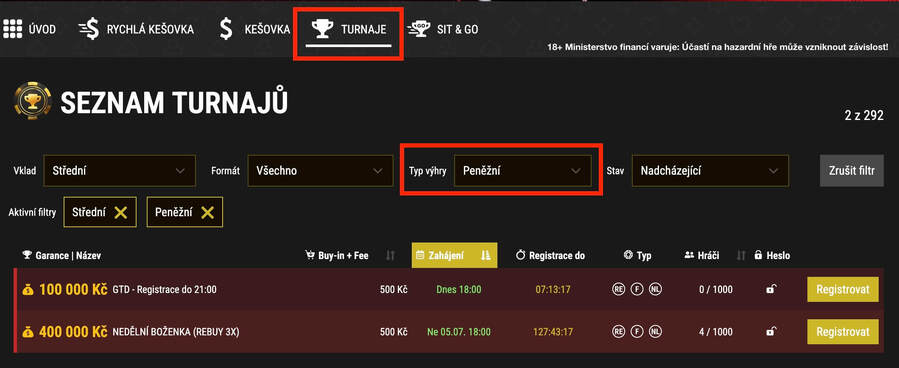 Lobby herny Synot Tip Poker – Nedělní Boženka