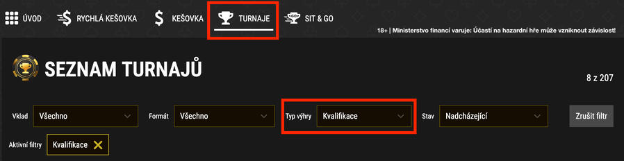 Filtr v&nbsp;lobby herny Synot Tip Poker – kvalifikační turnaje