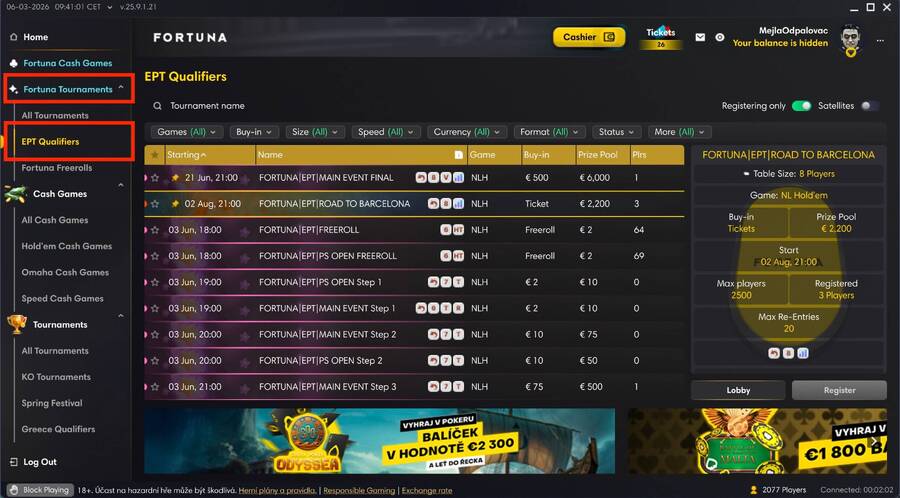 Lobby Fortuna pokerové herny – EPT kvalifikace