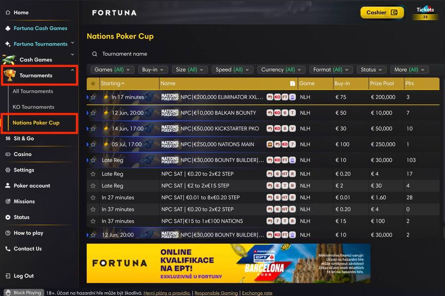 Lobby Fortuna Poker herny