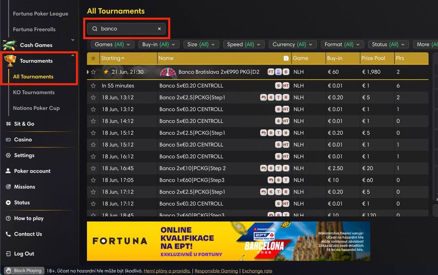 Lobby Fortuna pokerové herny – Banco kvalifikace