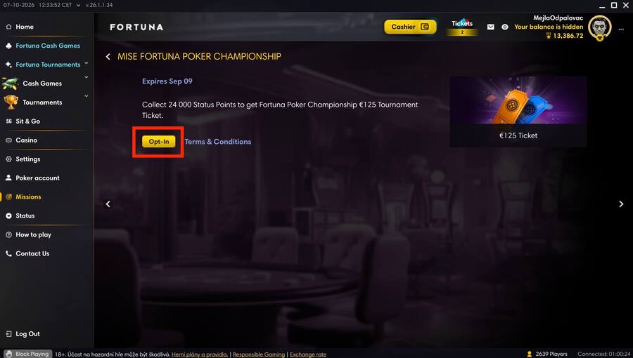 Do Fortuna Mise se přihlásíte tlačítkem Opt-in