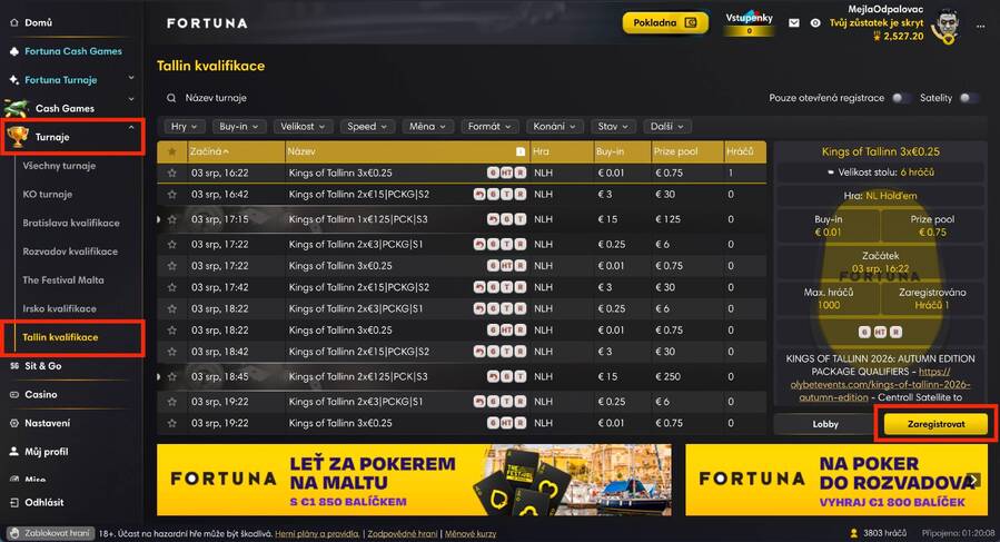 Lobby herny Fortuna Poker – kvalifikace King of King’s Tallinn