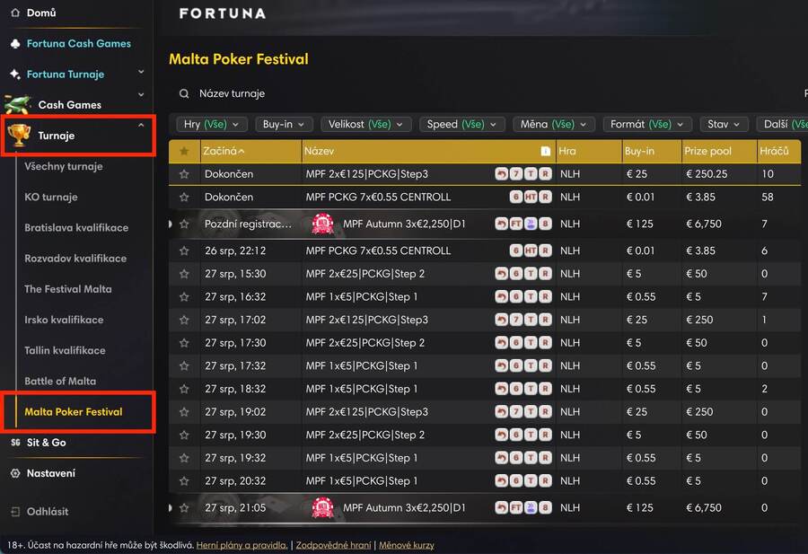 Lobby herny Fortuna Poker – kvalifikační turnaje na Malta Poker Festival