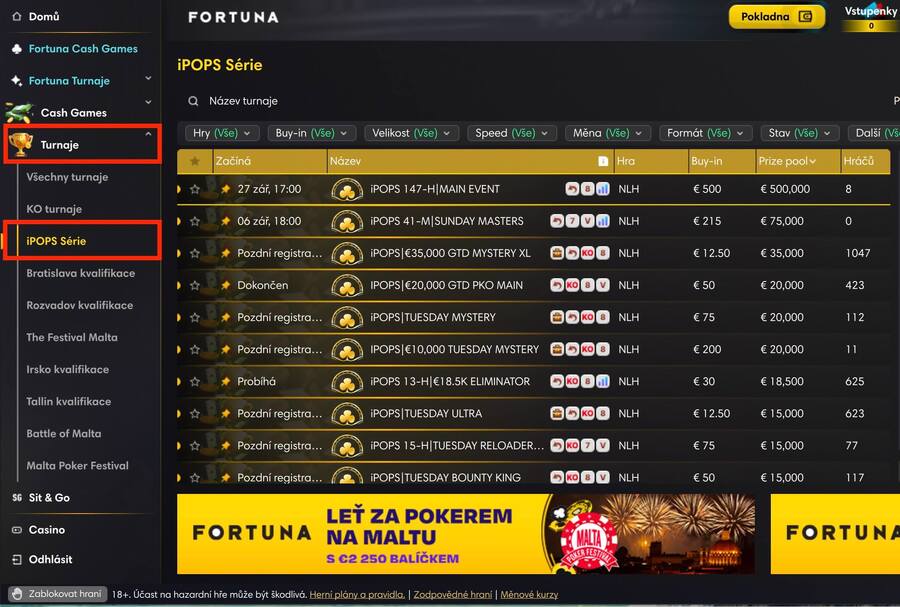 Lobby Fortuna herny – vyfiltrované turnaje série iPOPS