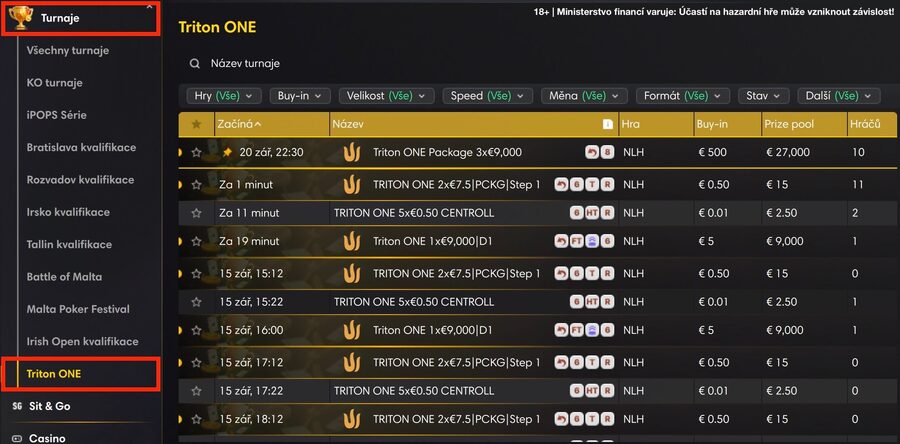 Lobby herny Fortuna Poker – TRITON kvalifikace
