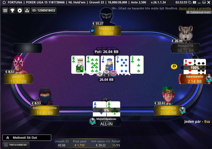 Fortuna Poker Liga 15 – AA vs 99