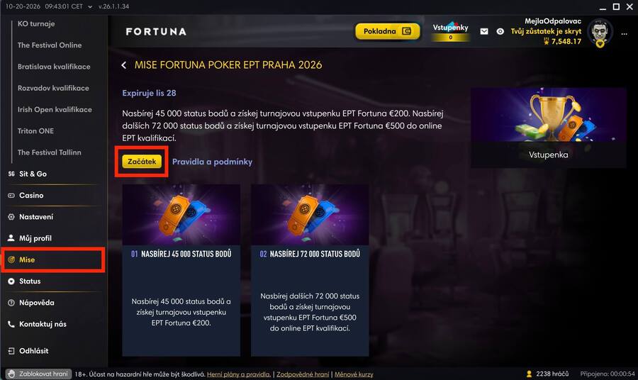 Lobby herny Fortuna Poker – výběr misí