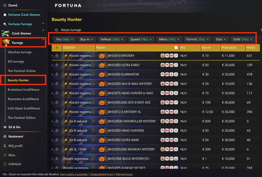 Lobby herny Fortuna Poker s&nbsp;turnaji ze série BHS
